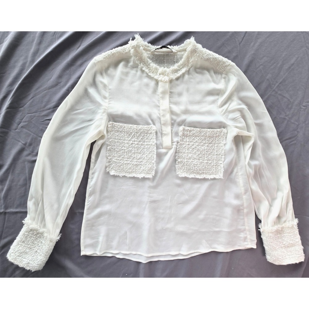 Zara Silk Long Sleeves Blouse Weaved Textured Raw Hem Old Money Quiet Luxury